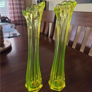 Pair of Uranium Vaseline Glass Hand Blown Vases